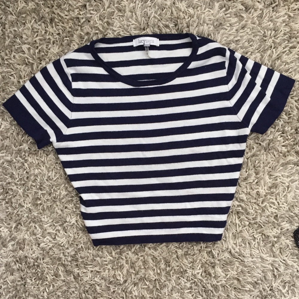 Lucy Paris - White & Blue Stripped Cropped Tee